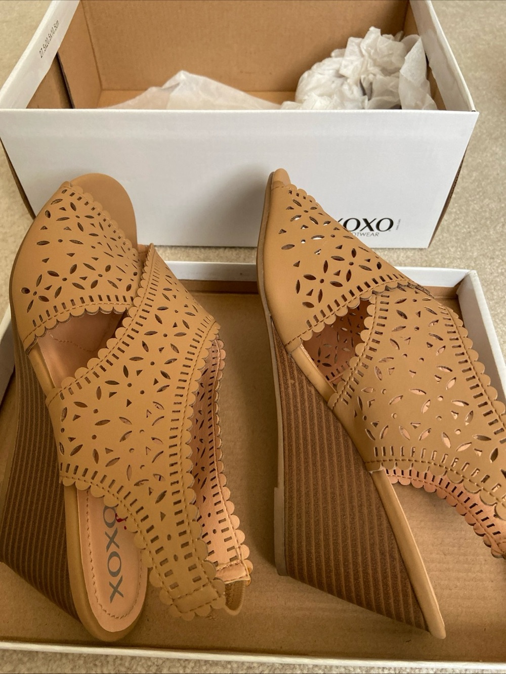 XOXO Tan Laser-Cut Slip-On Wedge Sandals